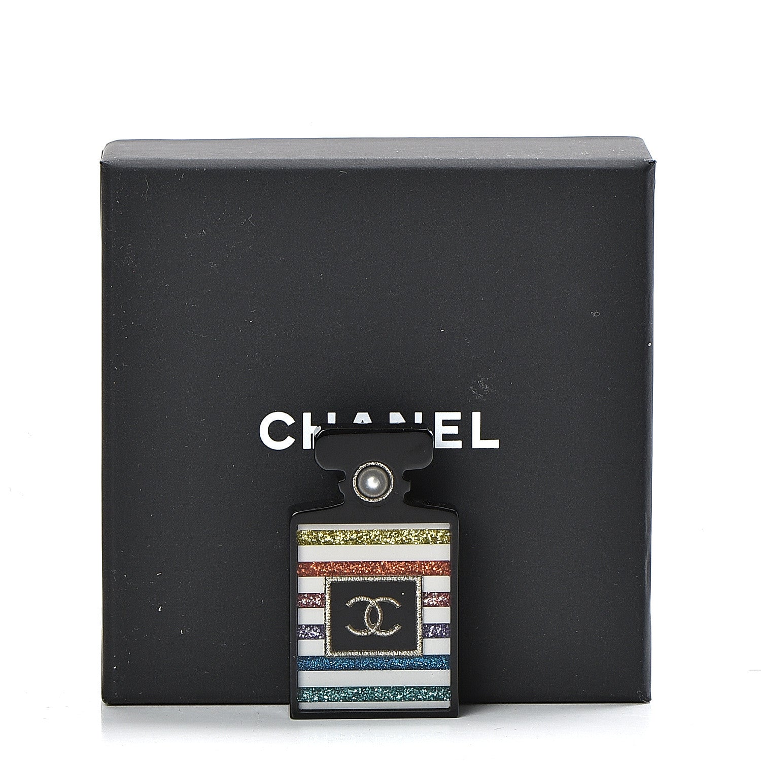 Chanel Resin Glitter Pearl Stripe CC Perfume Bottle Brooch Black Multicolor 5 of 5