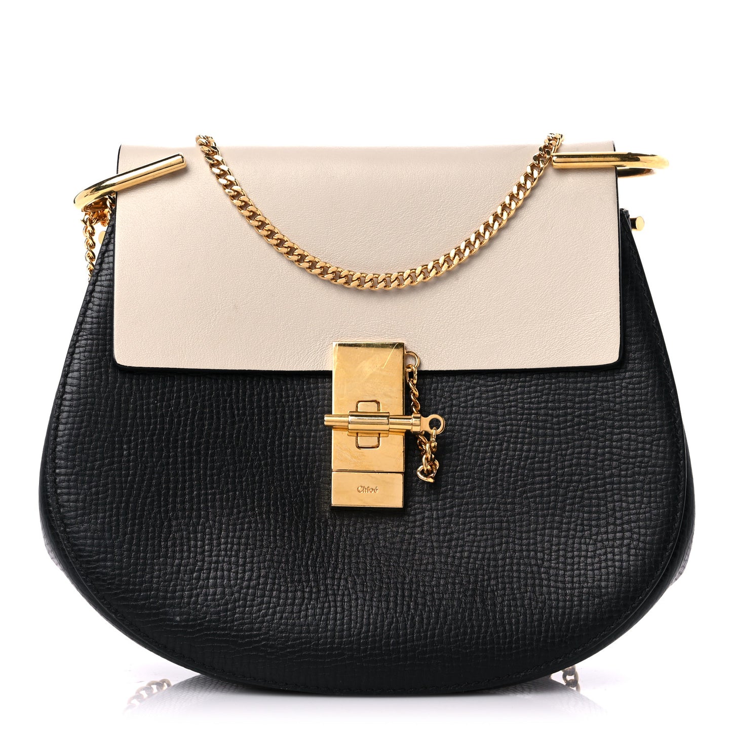 Grained Calfskin Lambskin Bi-Color Drew Shoulder Bag Black Powder Beige