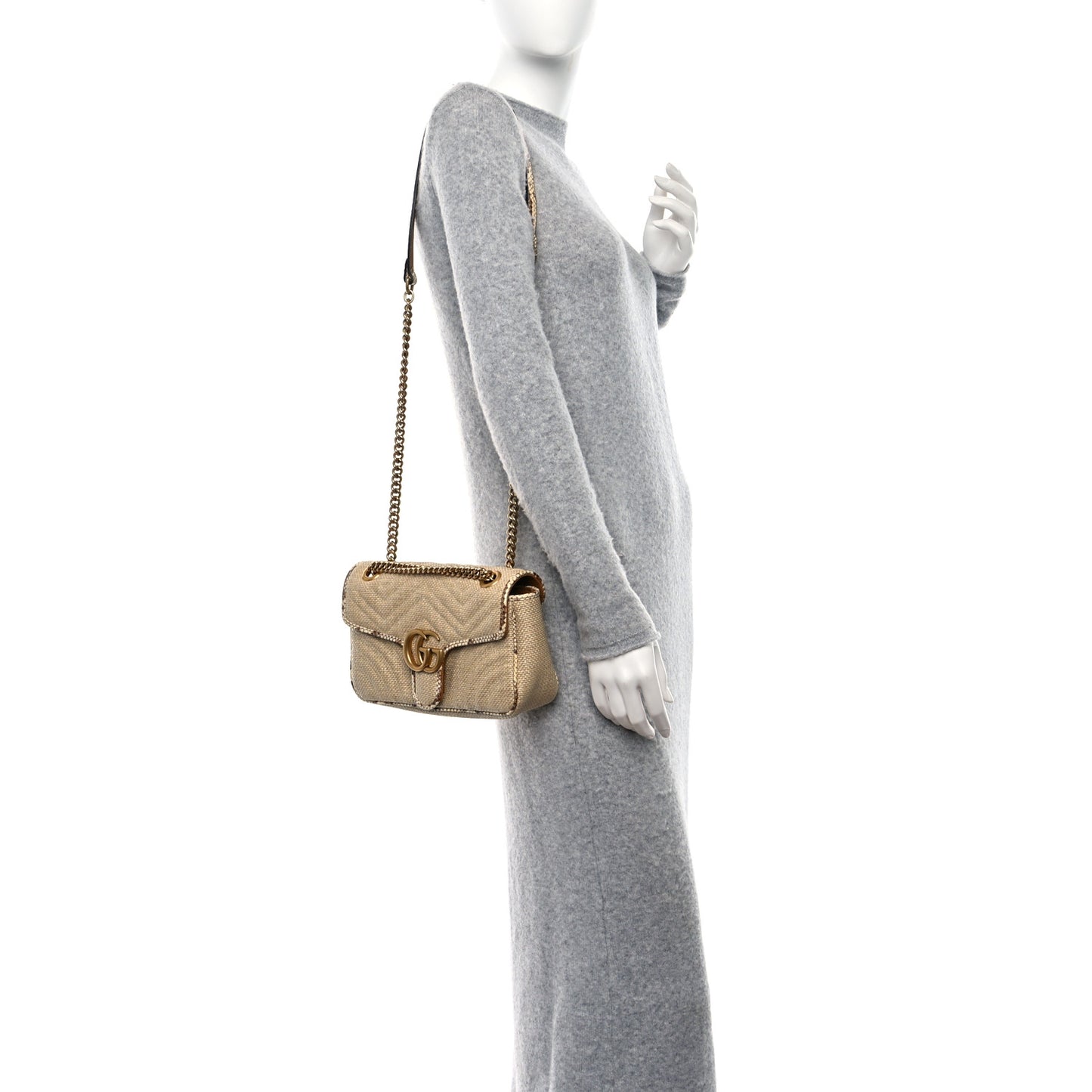 Raffia Elaphe Matelasse Small GG Marmont Shoulder Bag Natural Cream Brown