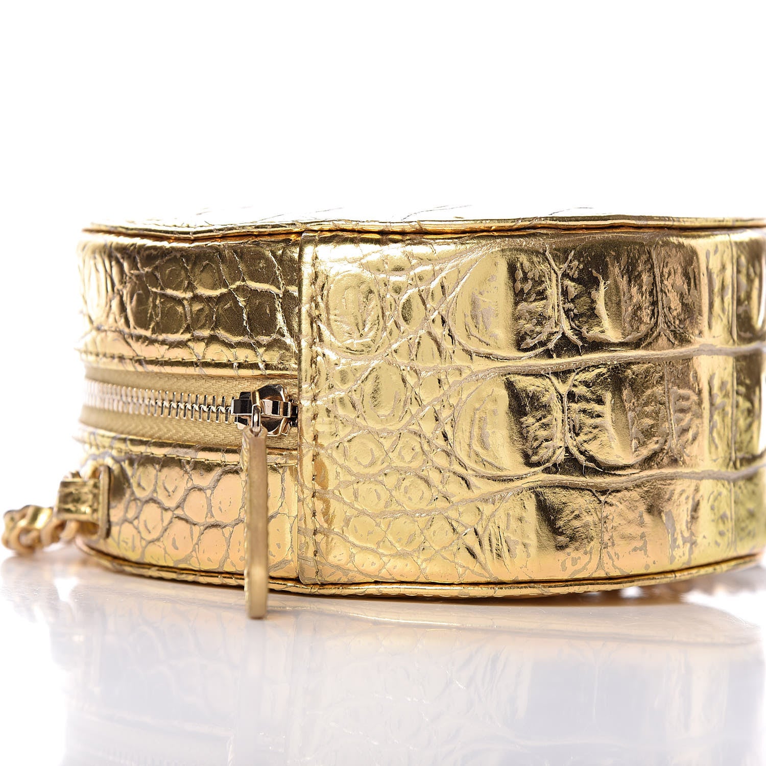 Chanel Metallic Calfskin Crocodile Embossed Cocodile Round Clutch with Chain Gold 5 of 10