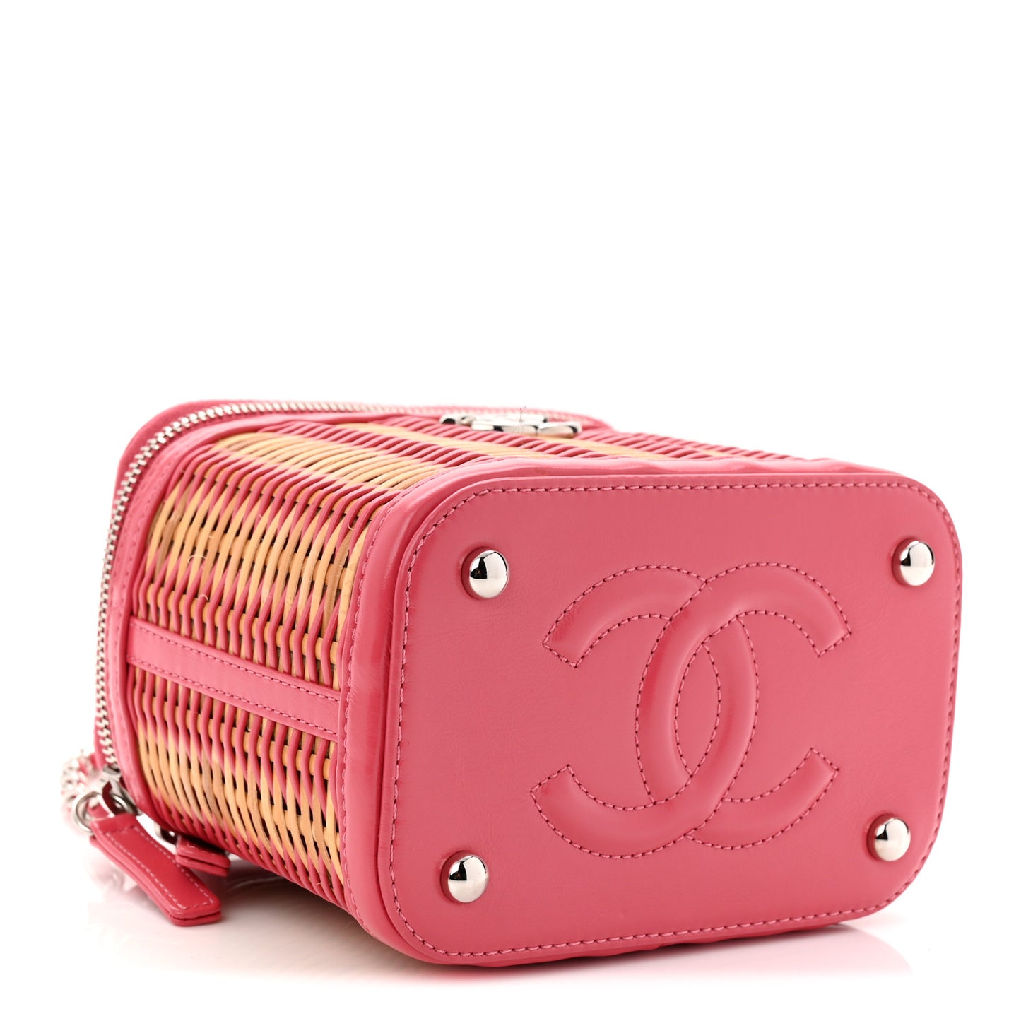 Calfskin Raffia Small Take Away Vanity Case Bag Pink Beige