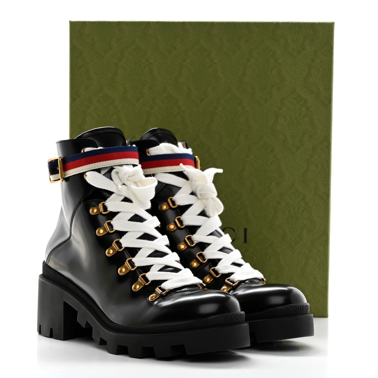 Gucci Calfskin Sylvie Web Womens Lace Up Combat Boots 41 Black 10 of 10