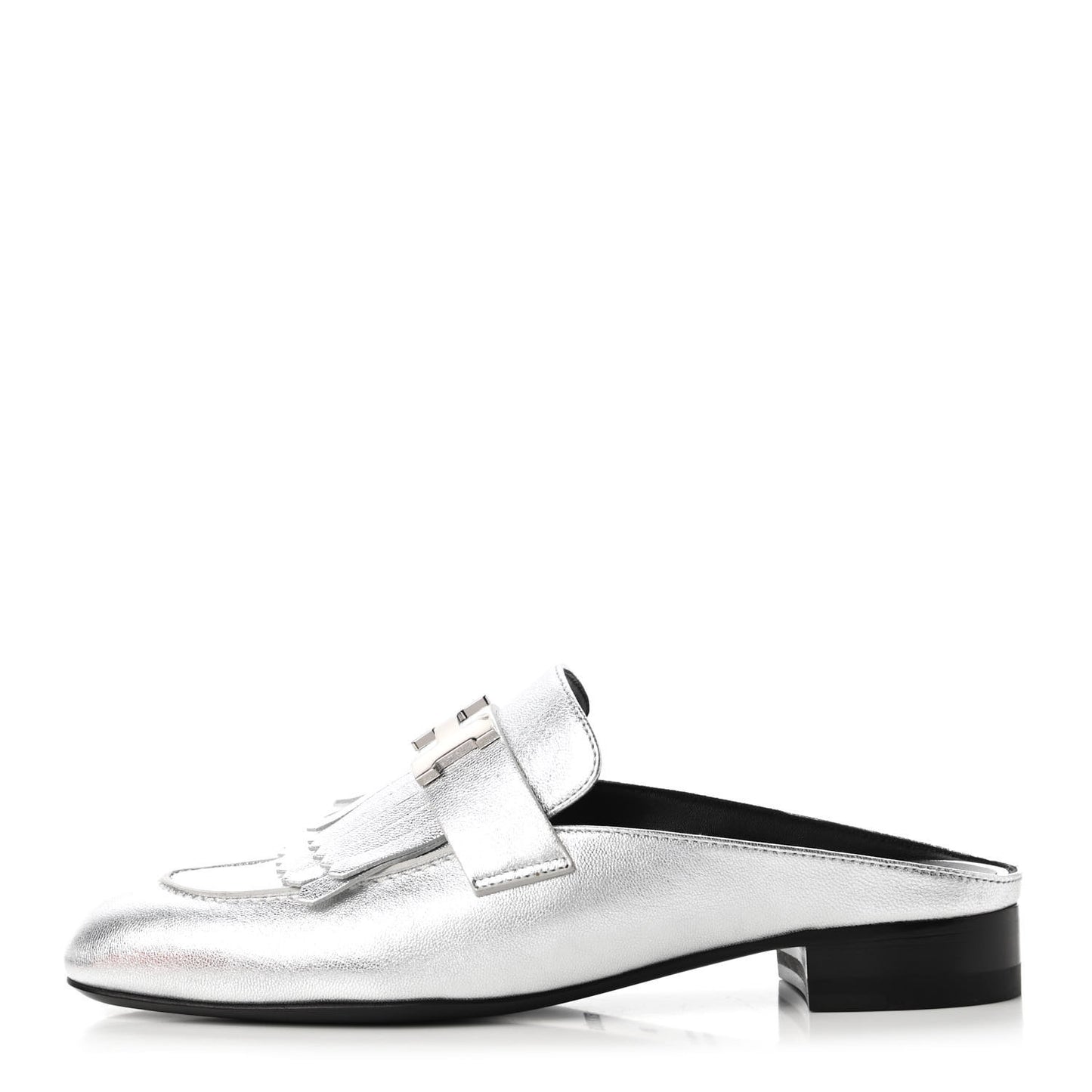 Metallic Goatskin Rivoli Mules 36 Gris Argente