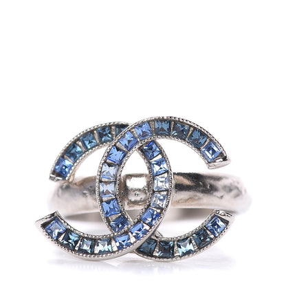 Chanel Crystal Baguette CC Ring 7 Blue Silver 1 of 5
