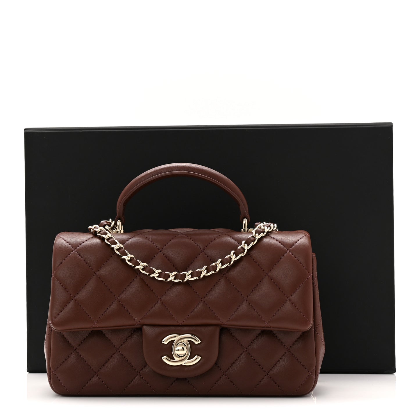 Lambskin Quilted Mini Top Handle Rectangular Flap Dark Brown