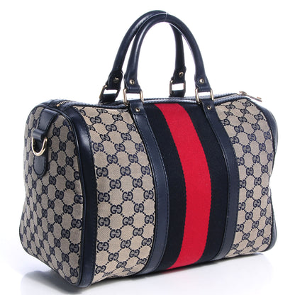 Gucci Monogram Selleria Calfskin Vintage Web Medium Boston Beige Blue 3 of 10