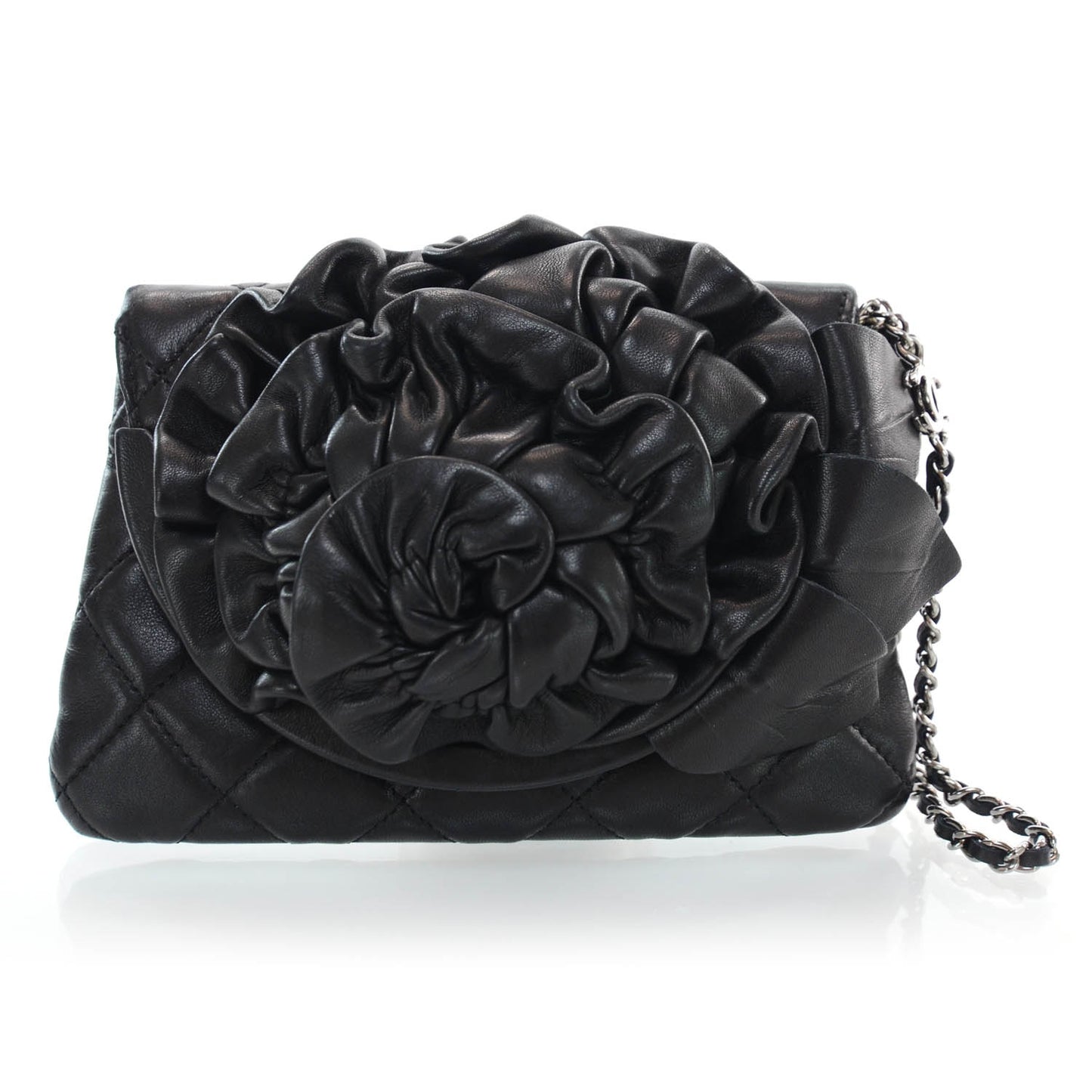 Lambskin Quilted Camellia Wristlet Black
