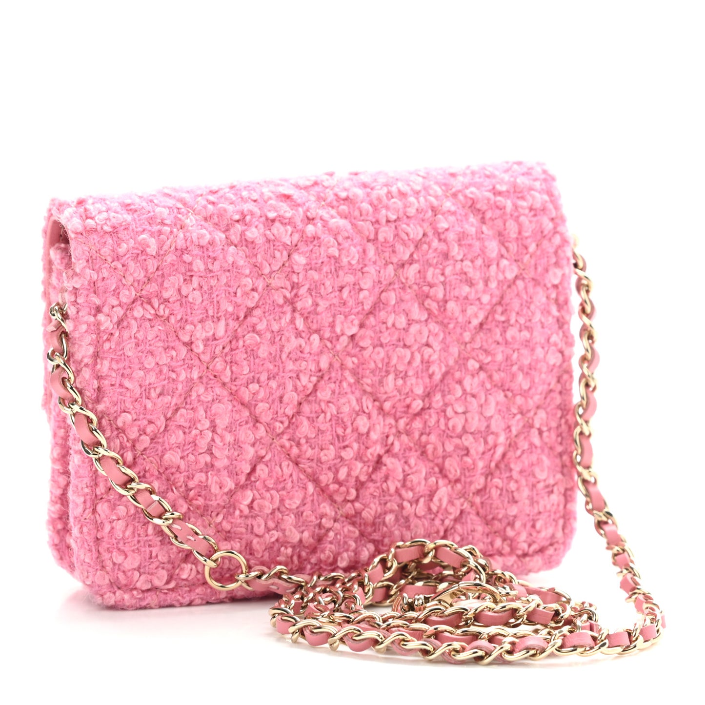 Tweed Quilted Flap Chain Waist Bag Pink