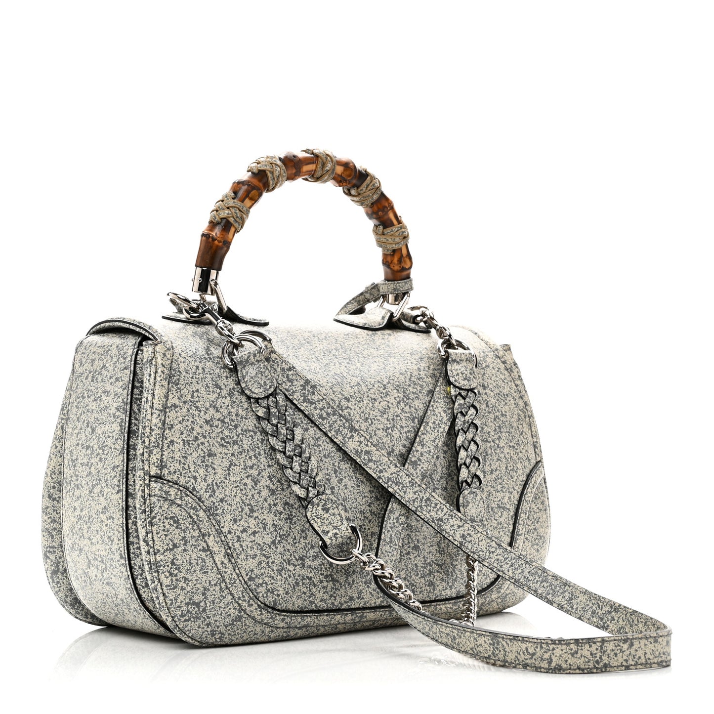 Calfskin Large New Bamboo Top Handle Bag Grey White
