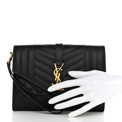 Saint Laurent Grain De Poudre Textured Mixed Matelasse Triquilt Monogram Clutch Black 2 of 8