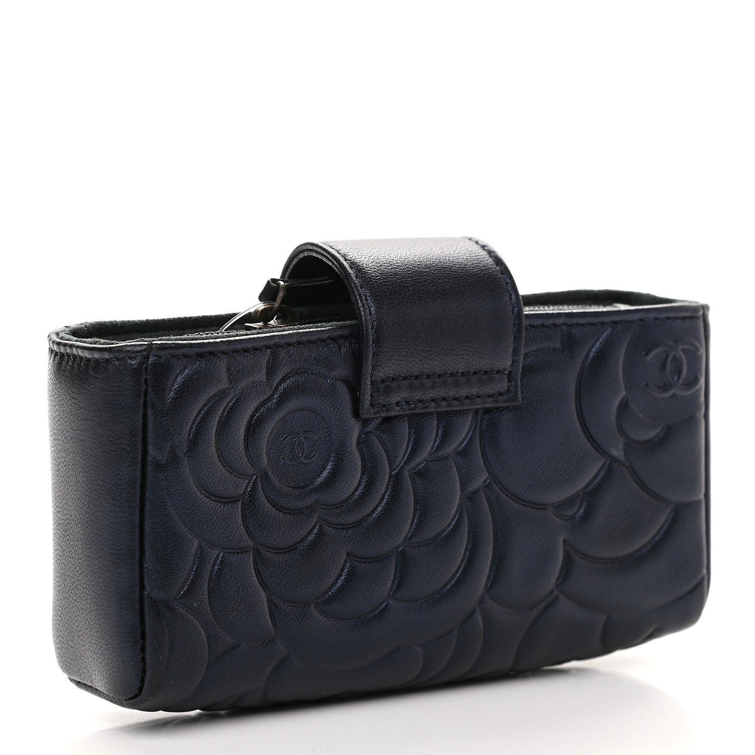 Chanel Lambskin Camellia Embossed Mini Phone Holder Clutch Dark Blue 3 of 7