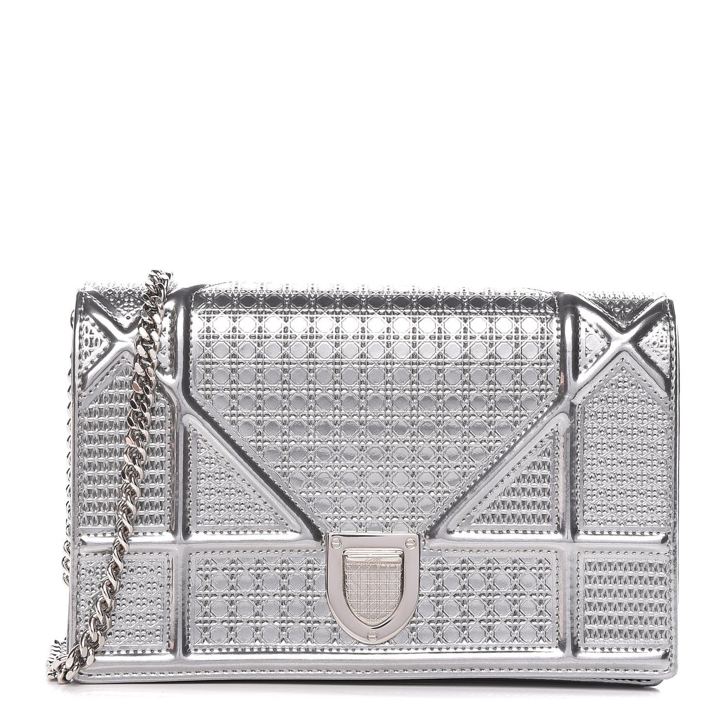 Metallic Patent Micro-Cannage Diorama Wallet on Chain Pouch Silver