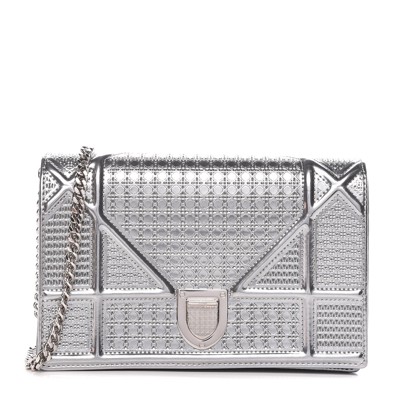 Christian Dior Metallic Patent Micro-Cannage Diorama Wallet on Chain Pouch Silver 1 of 13