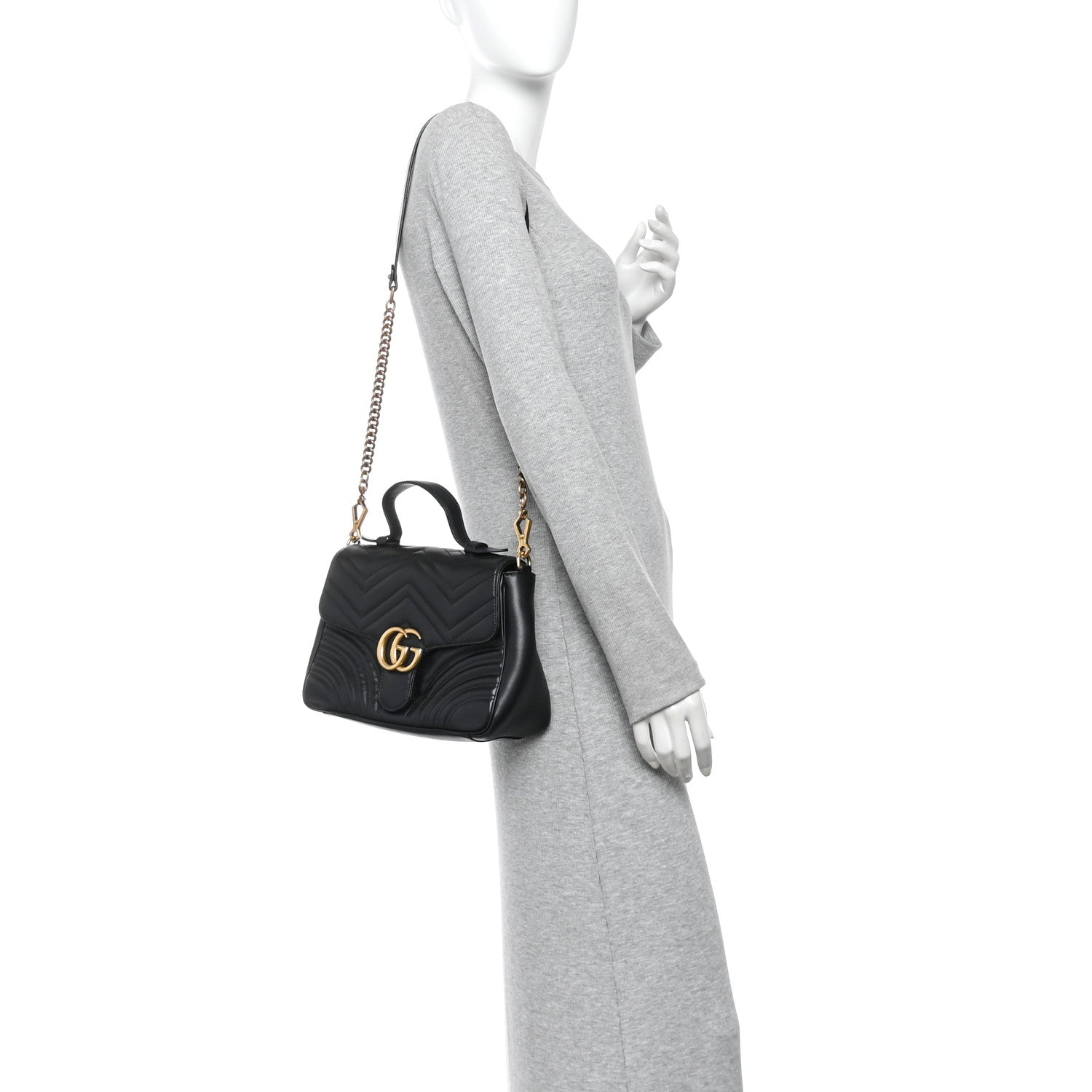 Gucci Calfskin Matelasse Small GG Marmont Top Handle Shoulder Bag Black 2 of 12