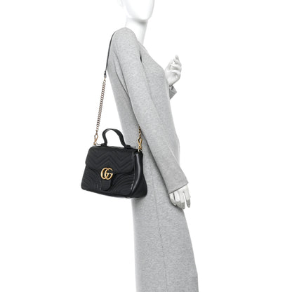 Gucci Calfskin Matelasse Small GG Marmont Top Handle Shoulder Bag Black 2 of 12