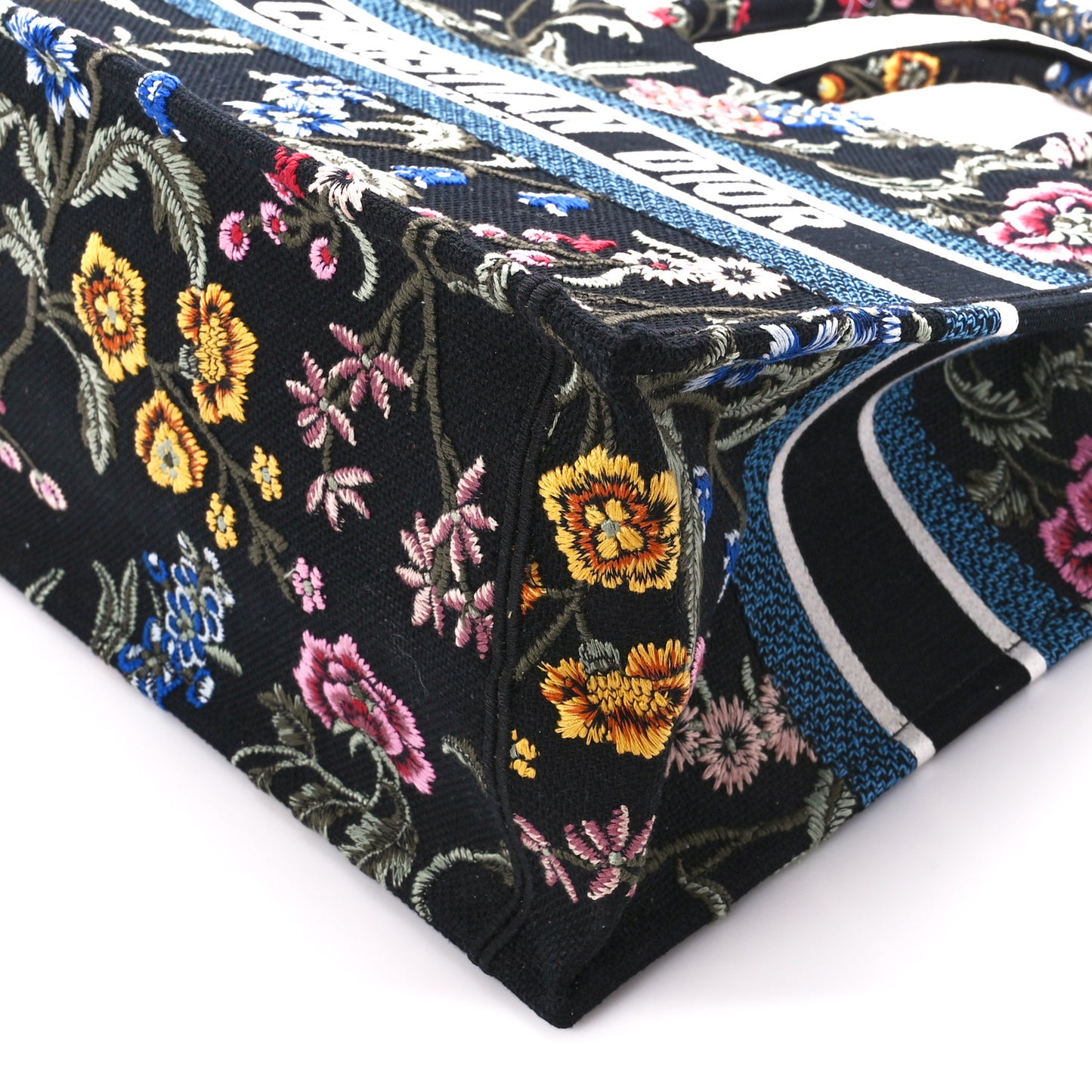 Raffia Embroidered Petites Fleurs Medium Book Tote Navy Blue Multicolor