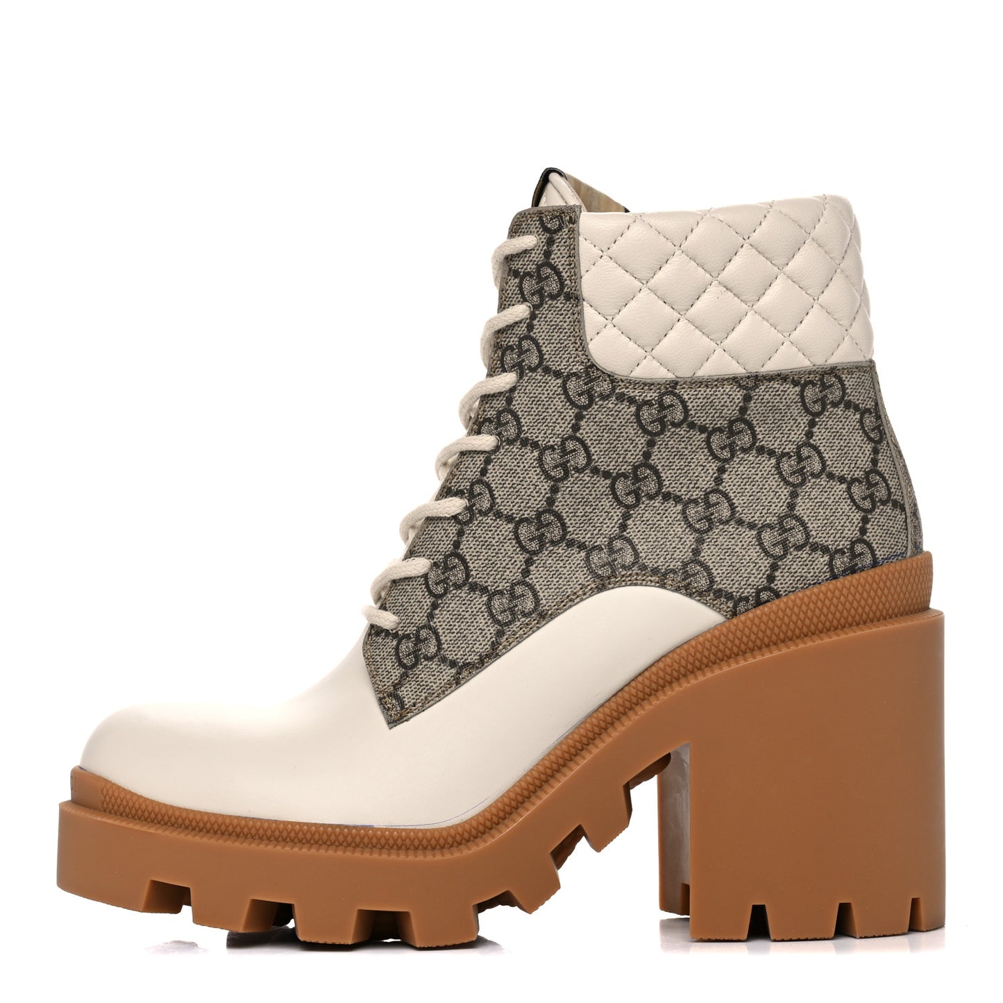 Calfskin GG Supreme Monogram Nappa Quilted Lace Up Ankle Boots 39 Mystic White Beige
