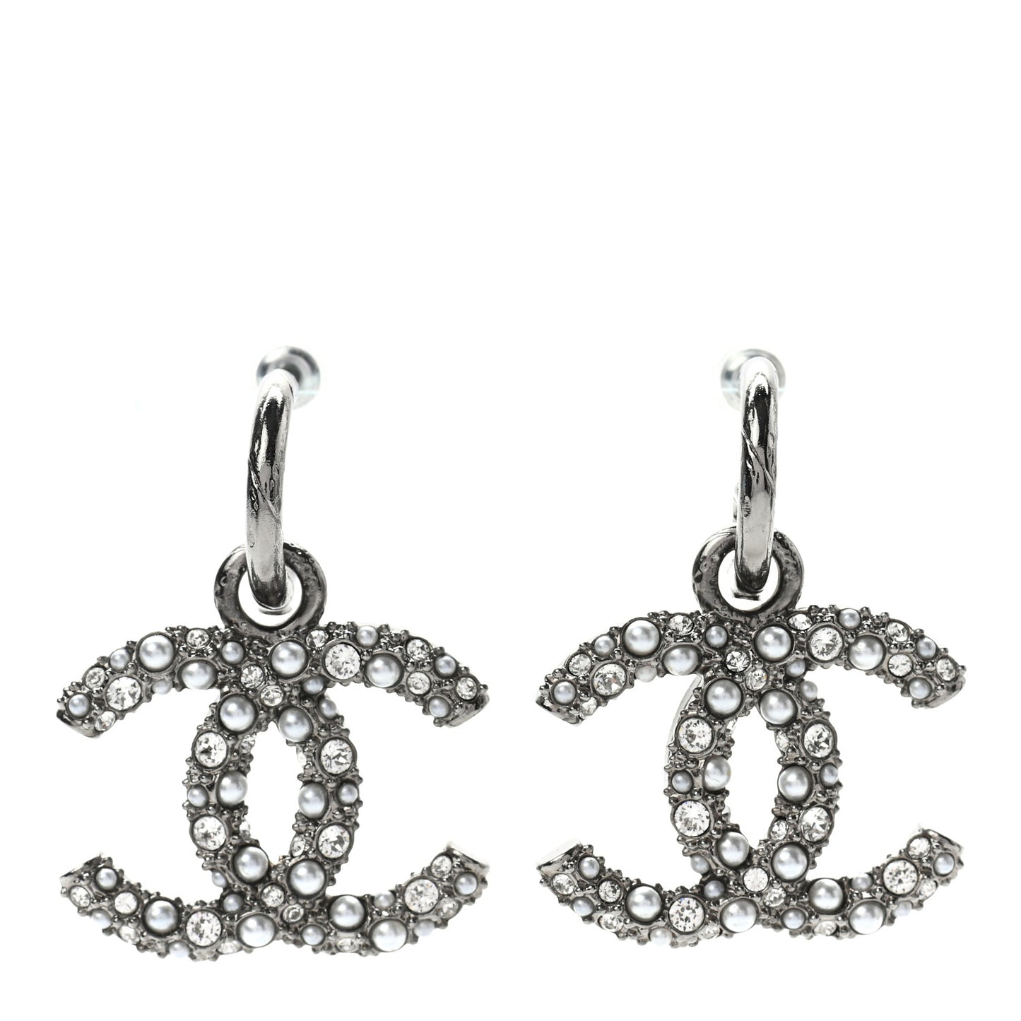 Crystal Pearl Caviar CC Drop Earrings Silver