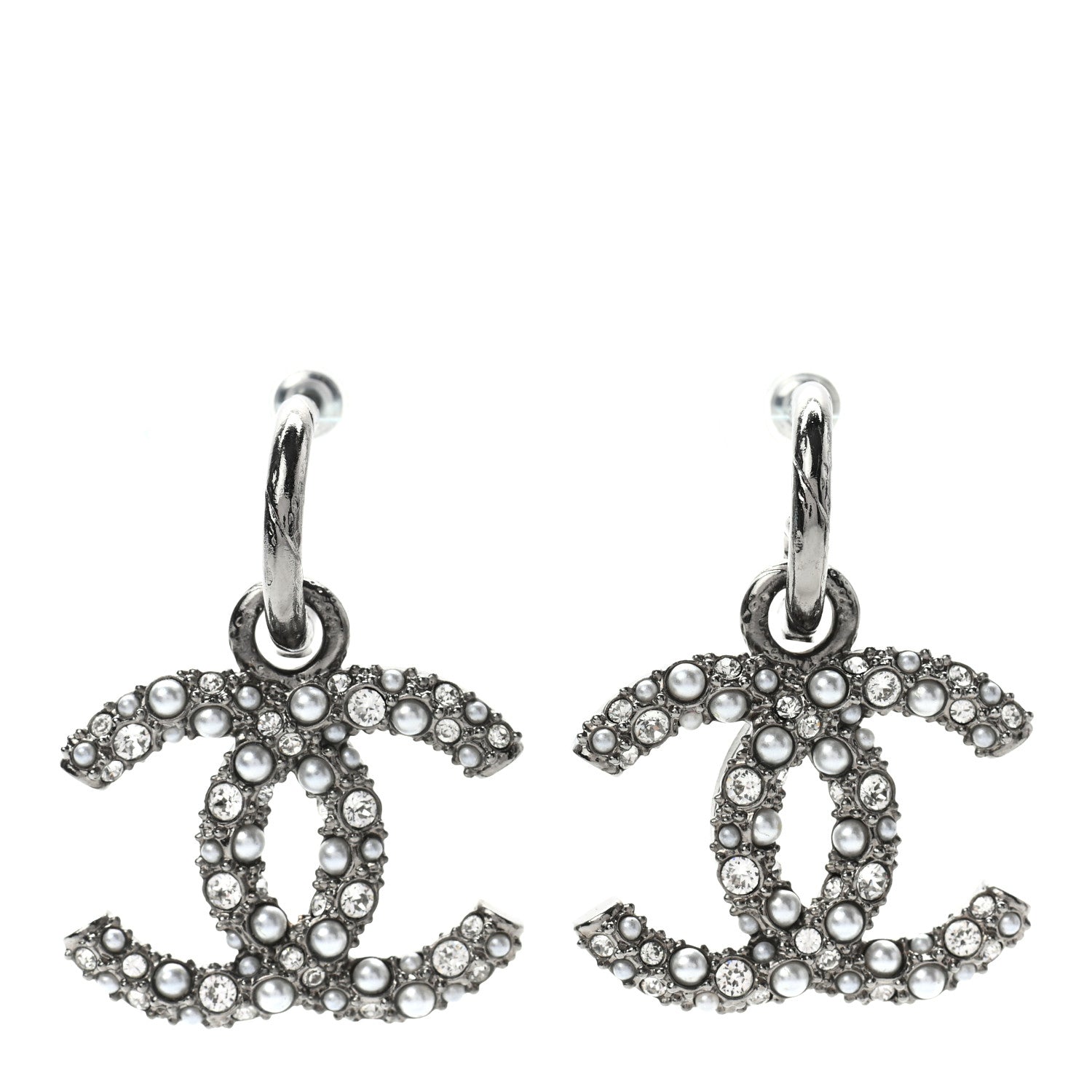 Chanel Crystal Pearl Caviar CC Drop Earrings Silver 1 of 4