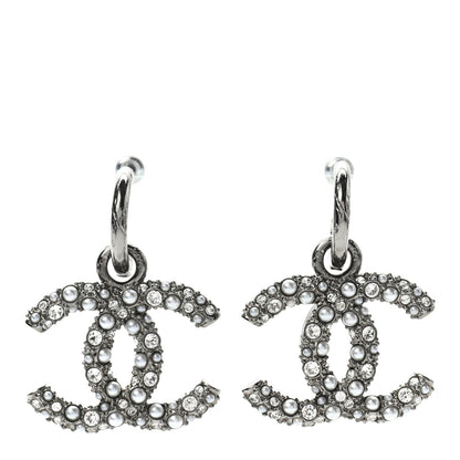 Chanel Crystal Pearl Caviar CC Drop Earrings Silver 1 of 4