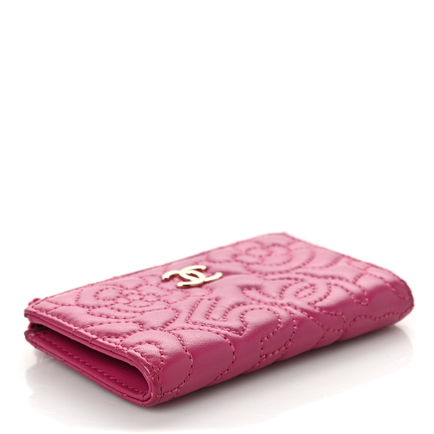 Lambskin Camellia Embossed Key Holder Case Fuchsia