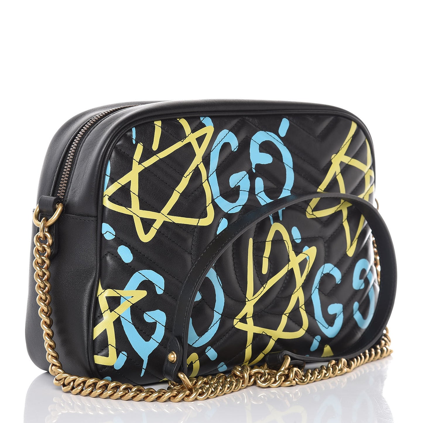 Calfskin Matelasse GucciGhost Medium GG Marmont Chain Shoulder Bag Black New Acquamarine