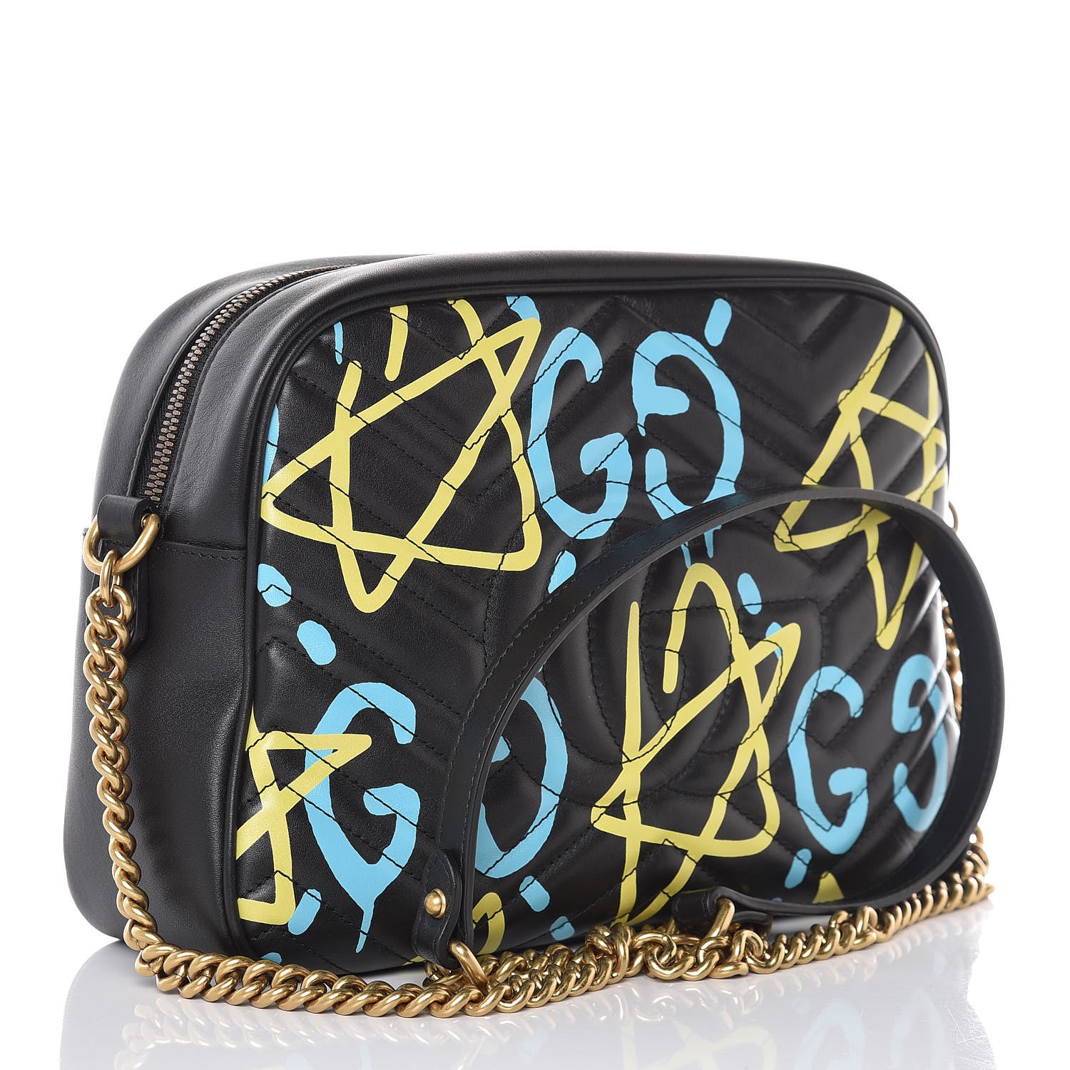 Gucci Calfskin Matelasse GucciGhost Medium GG Marmont Chain Shoulder Bag Black New Acquamarine 3 of 11