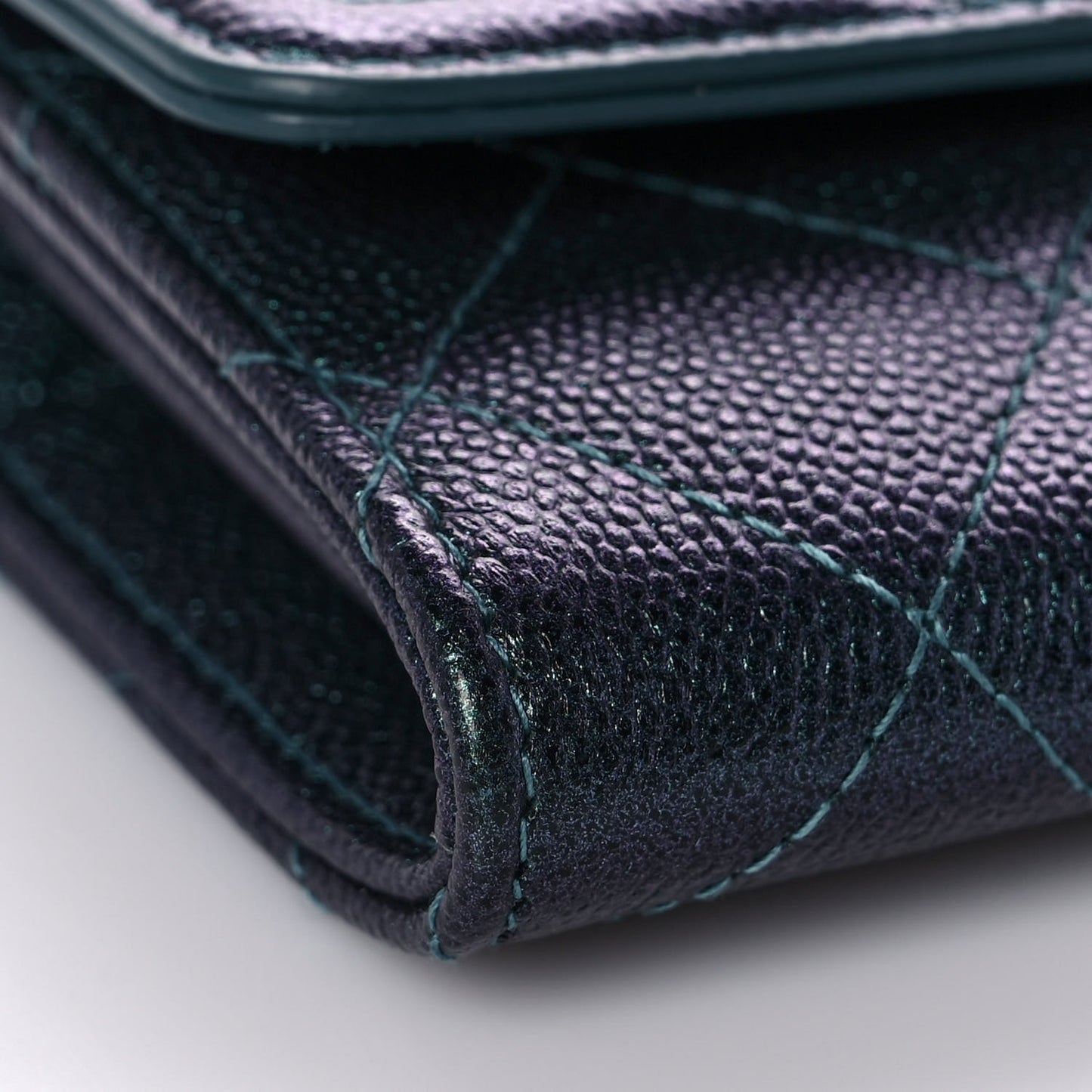 Iridescent Caviar Quilted Filigree Flap Card Holder Dark Turquoise
