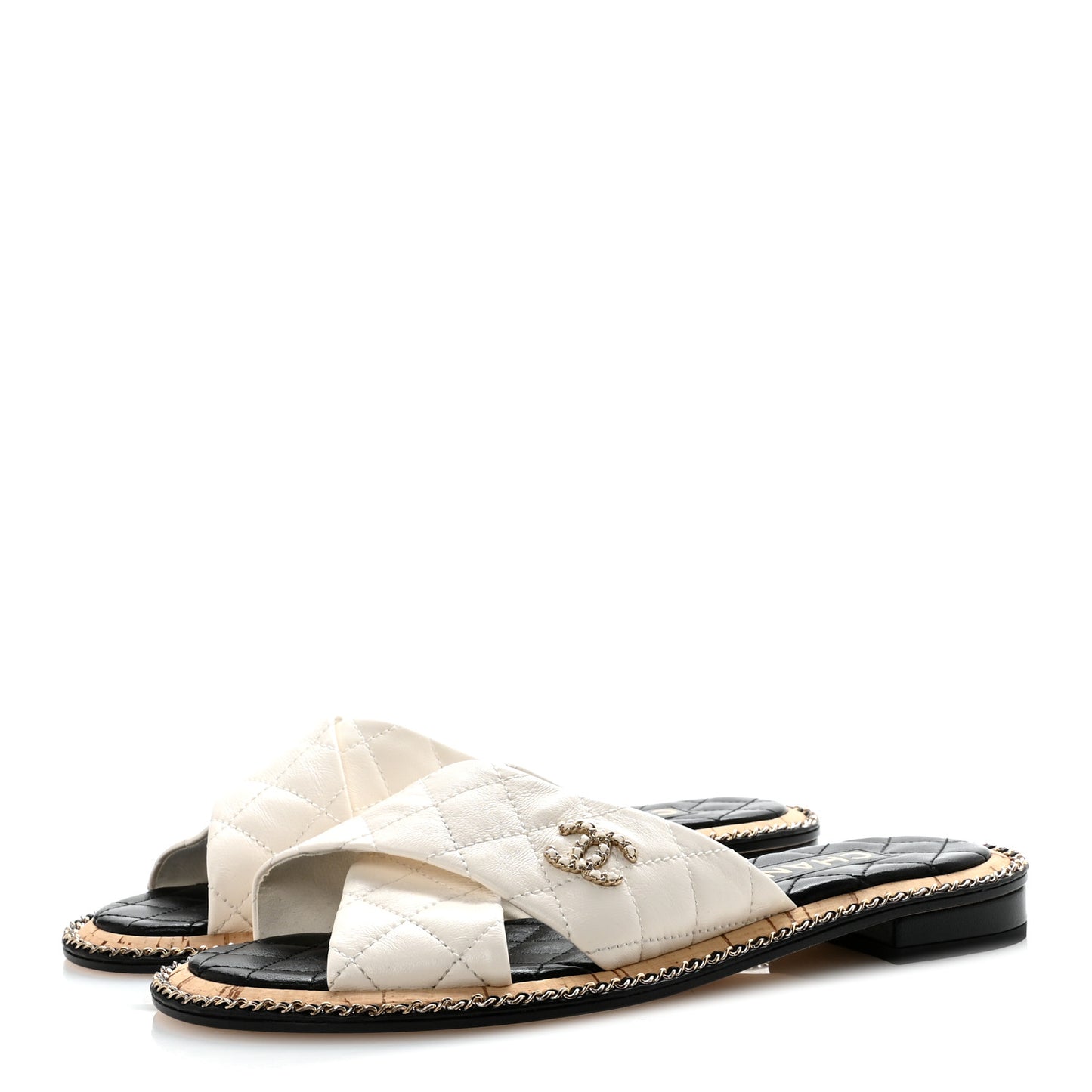Lambskin Quilted Chain CC Sandals 38.5 White