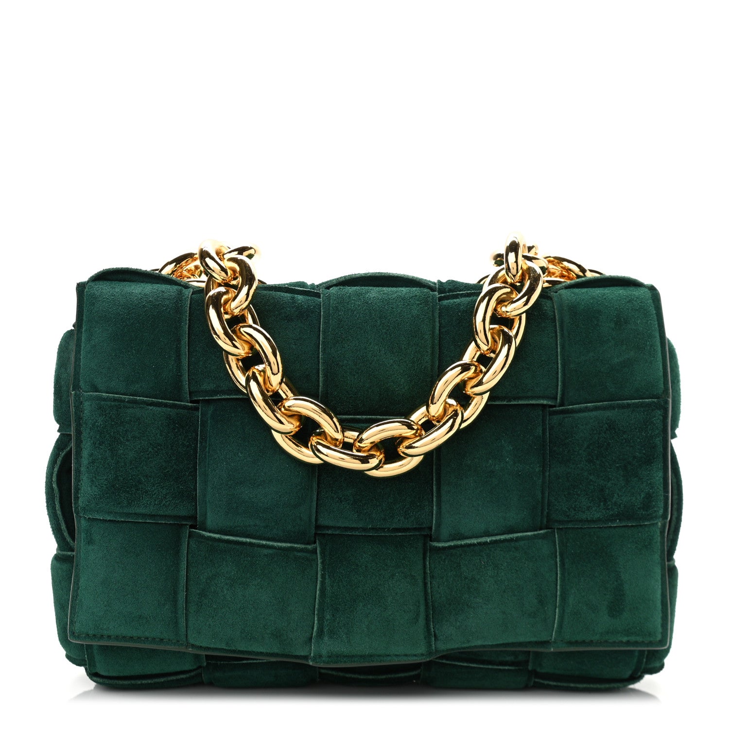 Bottega Veneta Suede Maxi Intrecciato Padded Chain Cassette Crossbody Bag Emerald Green 1 of 10