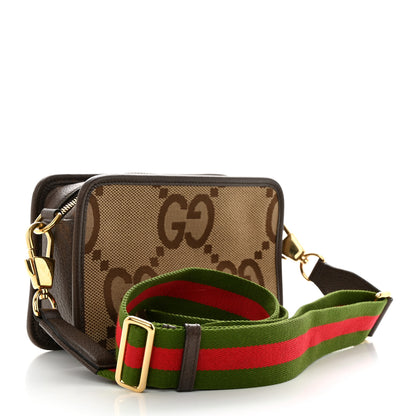Gucci Monogram Jumbo GG Textured Dollar Calfskin Web Mini Crossbody Bag Camel Ebony New Acero 3 of 11