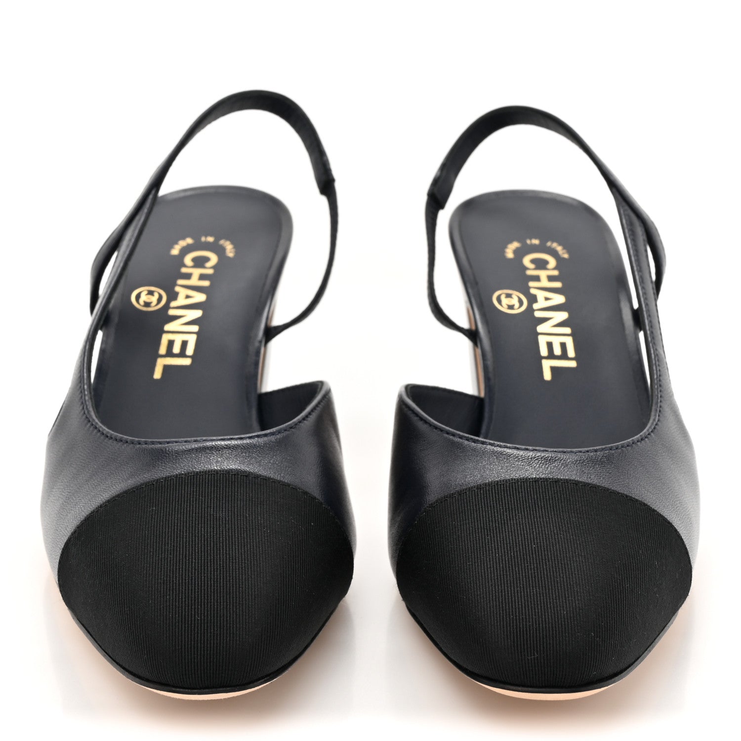 Chanel Lambskin Grosgrain Cap Toe CC Slingback Sandals 37 Navy Black 2 of 9