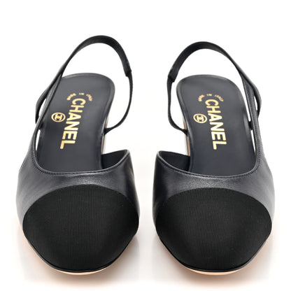 Chanel Lambskin Grosgrain Cap Toe CC Slingback Sandals 37 Navy Black 2 of 9