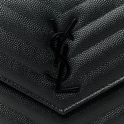 Saint Laurent Grain De Poudre Matelasse Chevron Monogram Monochrome Envelope Chain Wallet Black 7 of 9