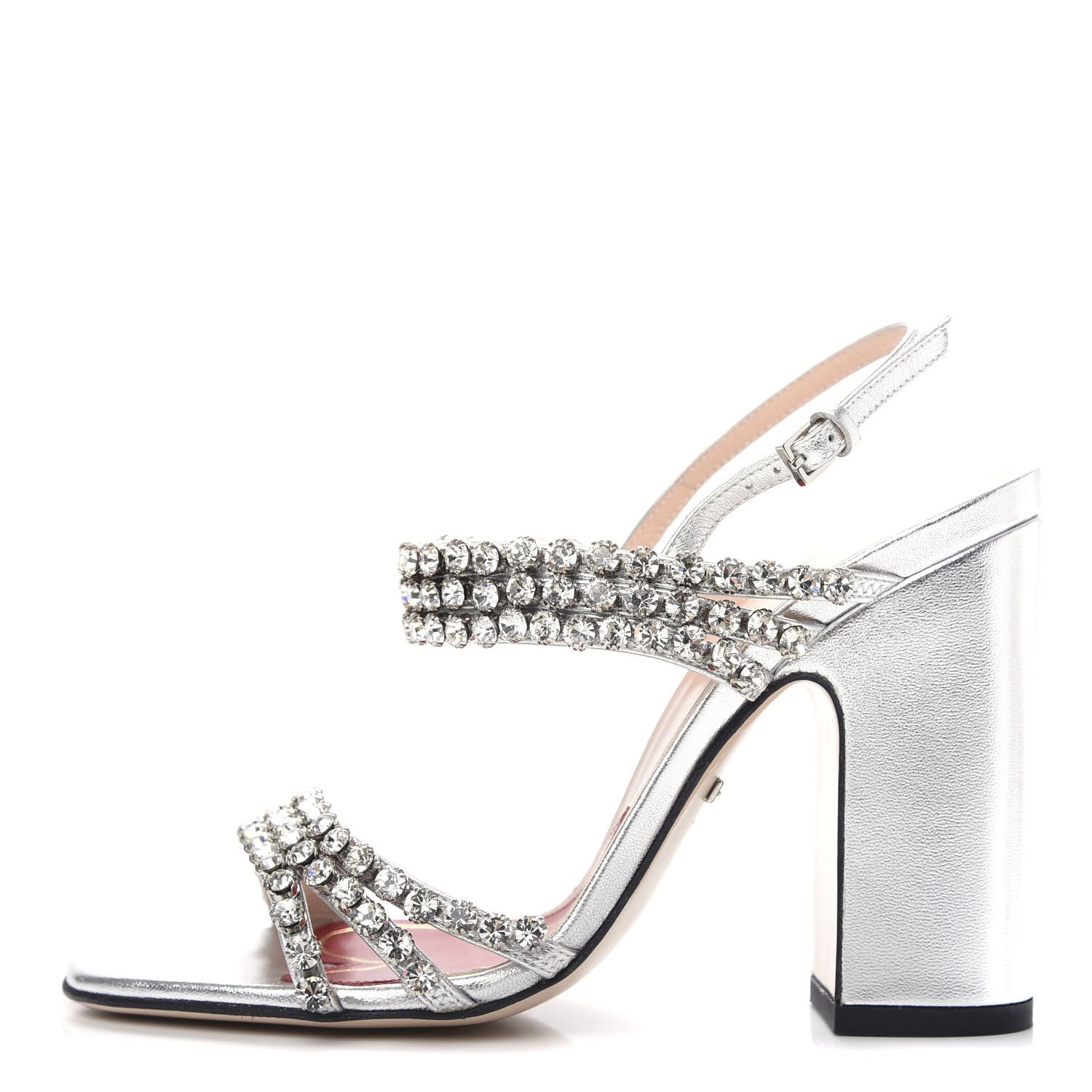 Gucci Nappa Silk Crystal Bertie High Heel Sandals 35.5 Argento 1 of 10
