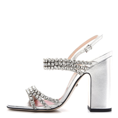 Gucci Nappa Silk Crystal Bertie High Heel Sandals 35.5 Argento 1 of 10