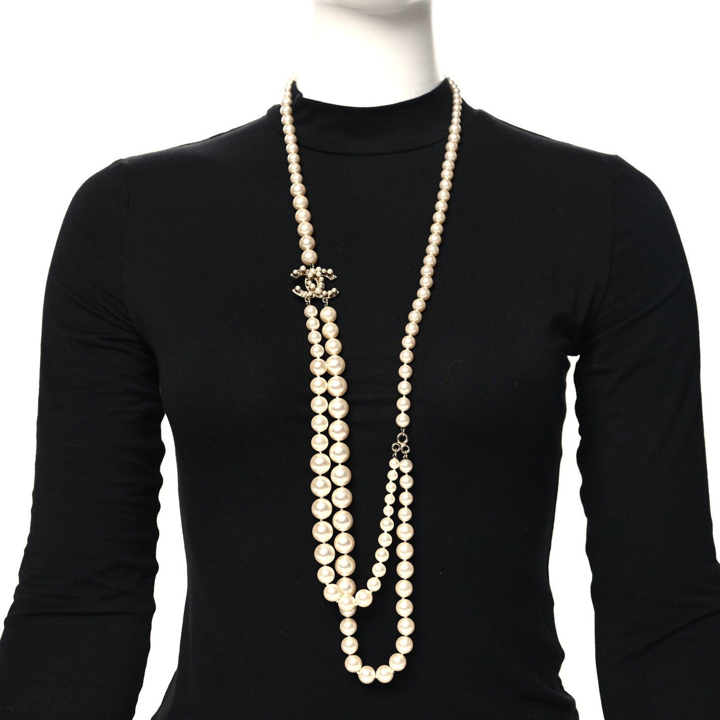 Graduated Pearl Studded CC Long Necklace Gold