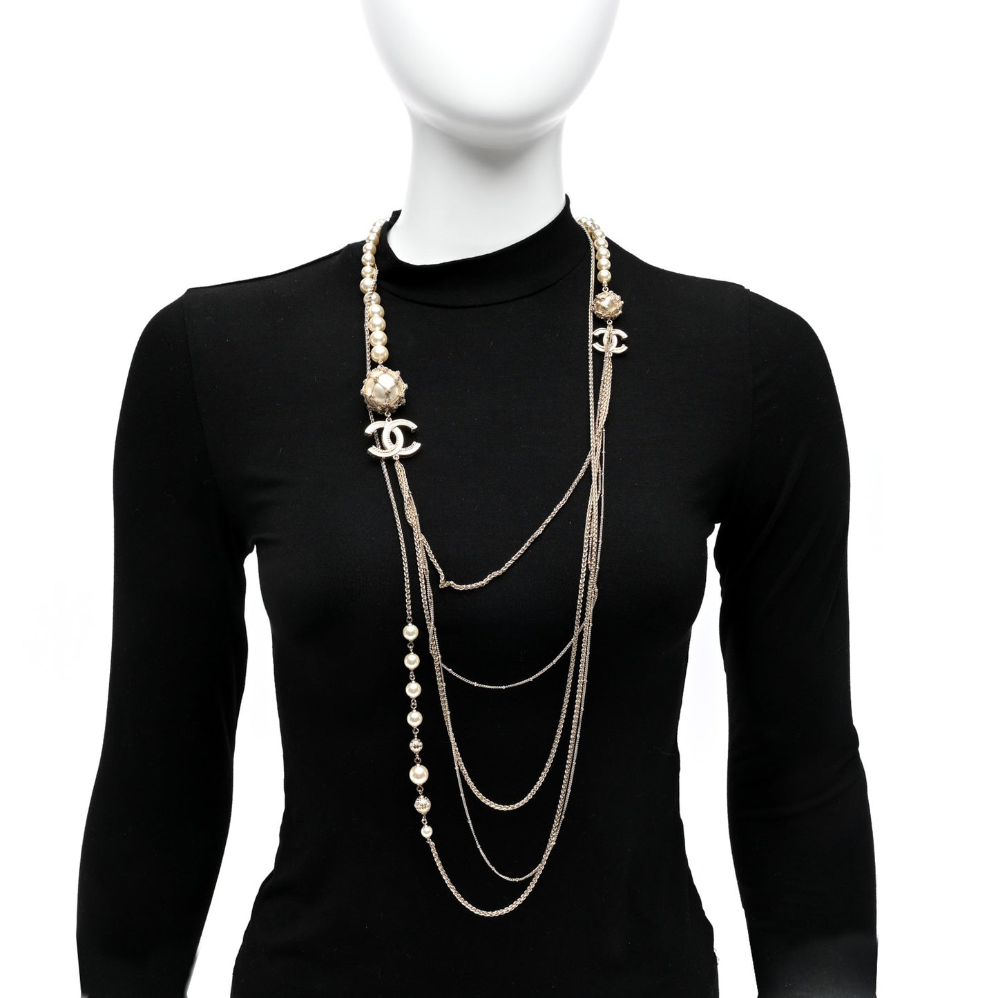 Pearl Caged CC Multi Strand Long Necklace Gold