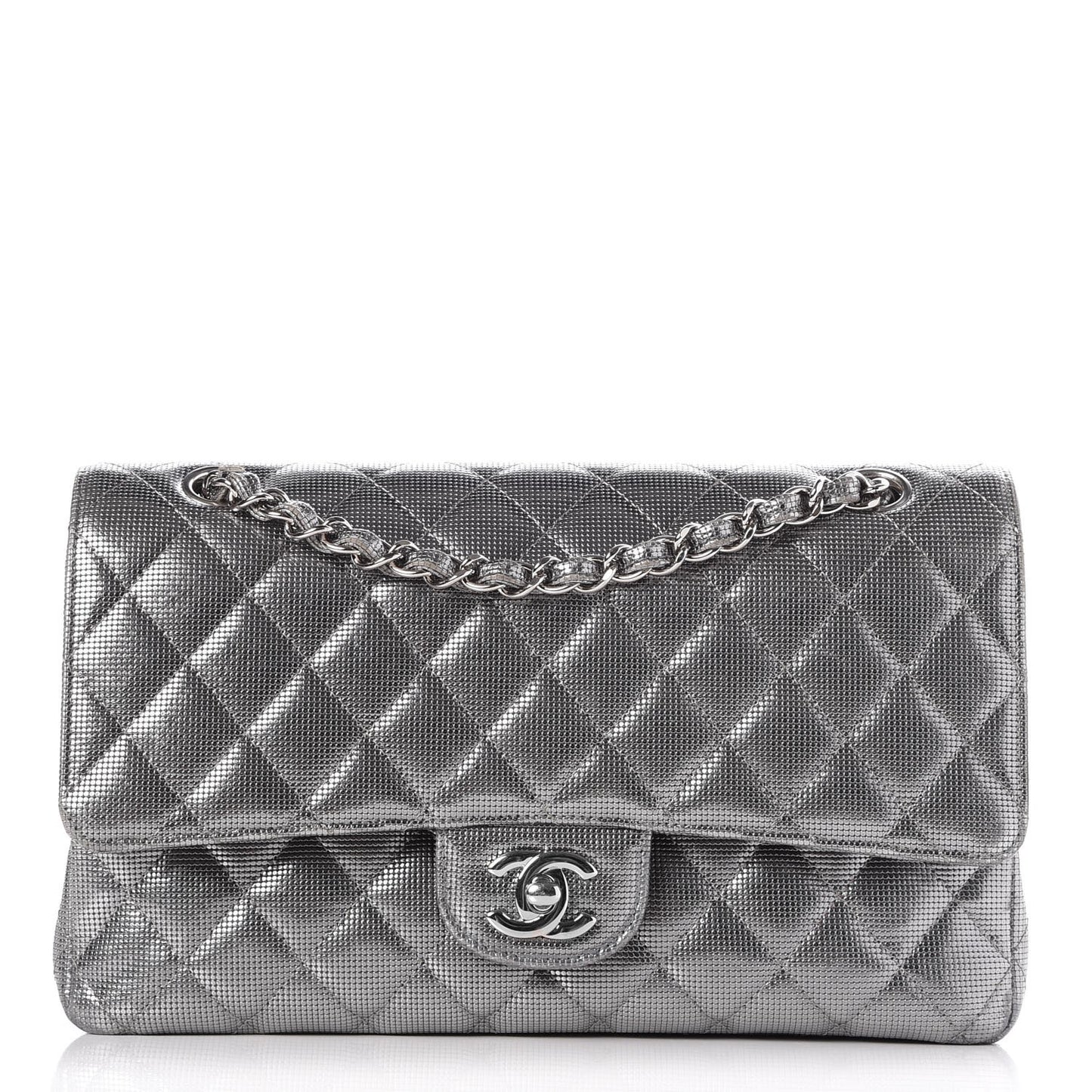 Calfskin Metallic Pixel Effect Medium Double Flap Silver