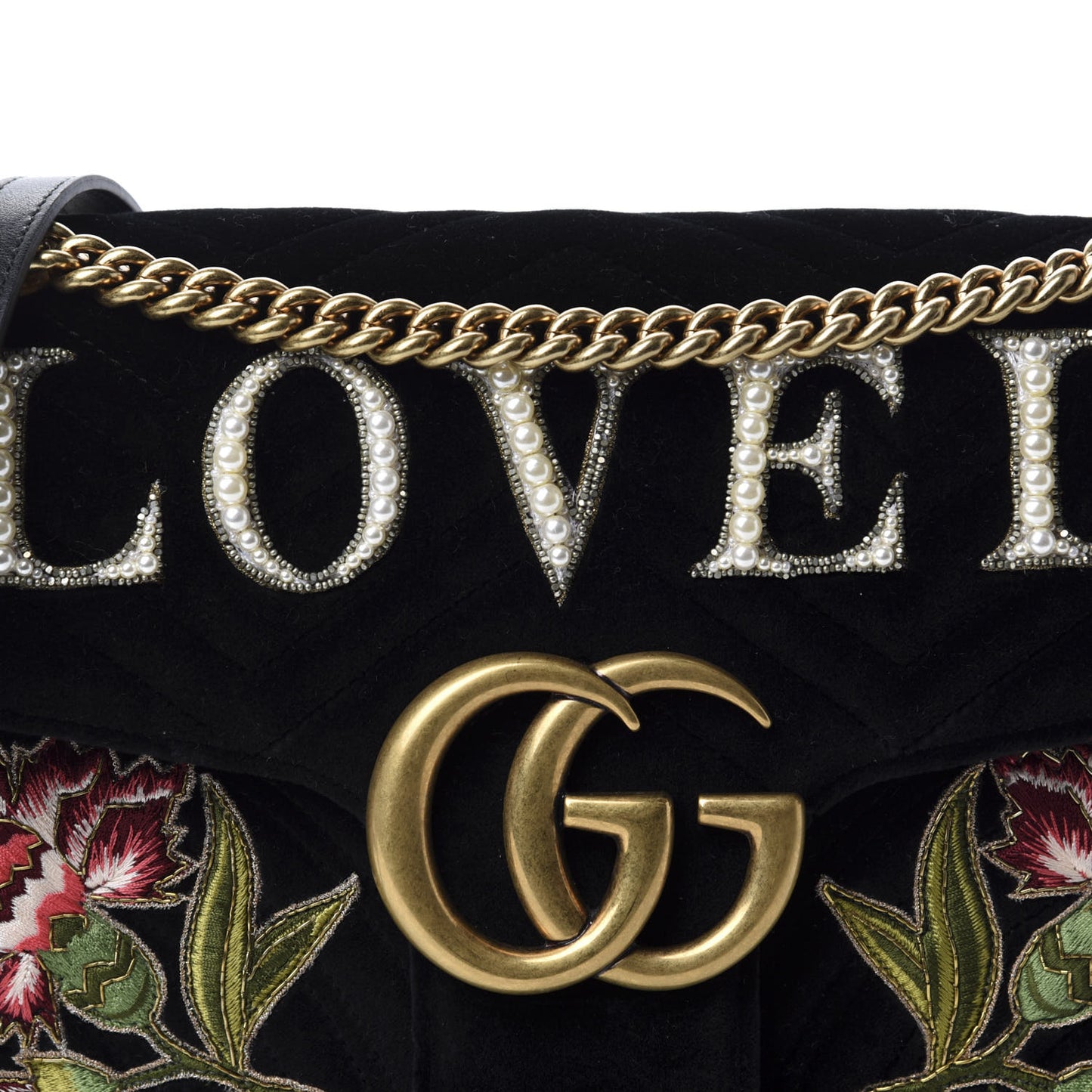 Velvet Matelasse Loved Embroidered Medium GG Marmont Shoulder Bag Black