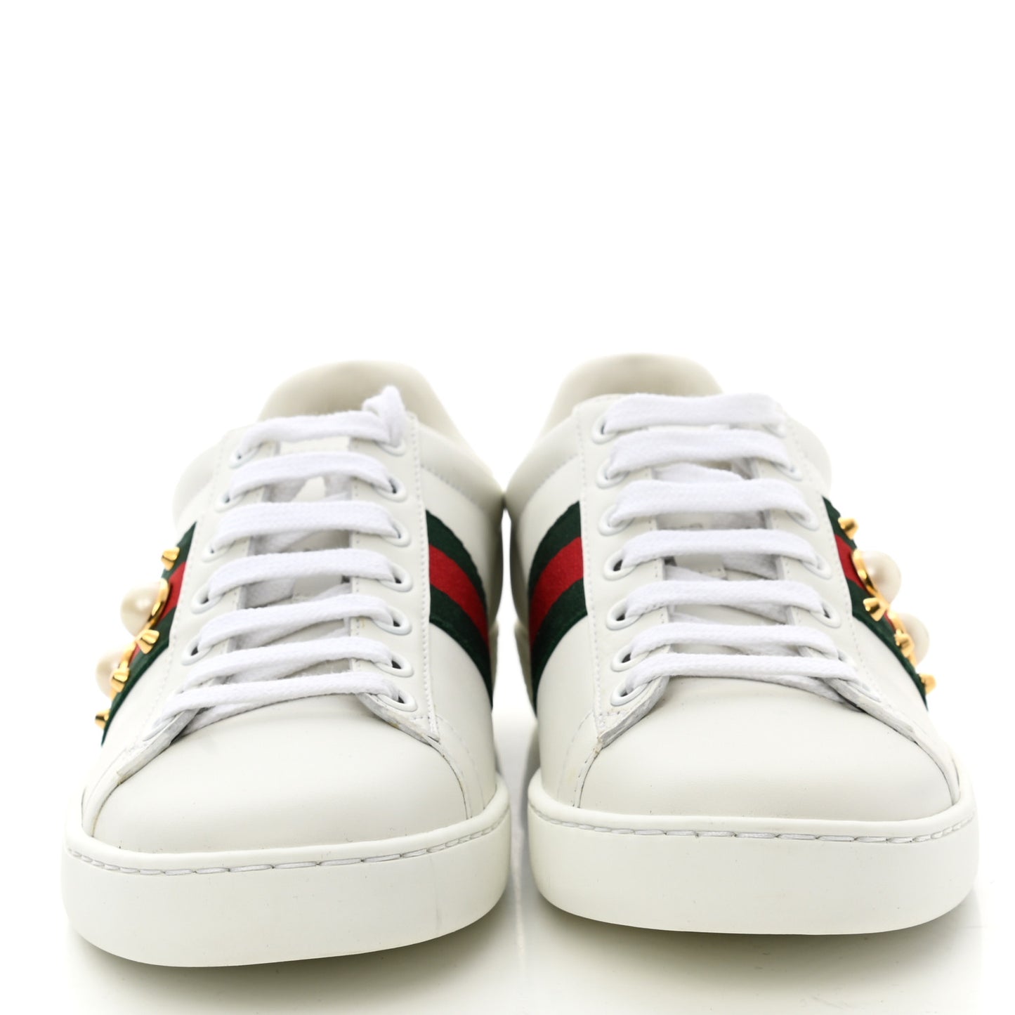 Calfskin Web Pearl Studded Womens Ace Sneakers 35.5 White