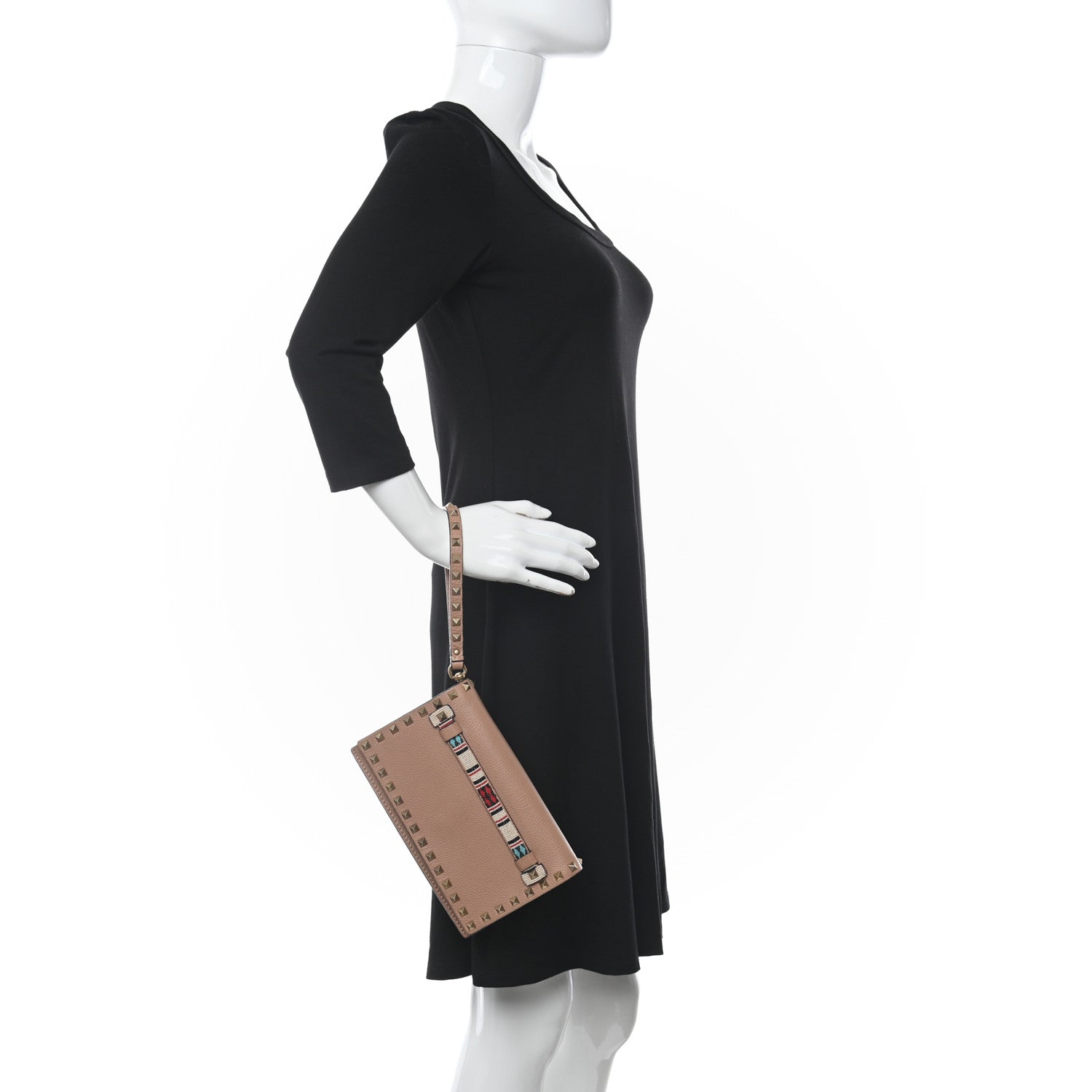 Valentino Garavani Pebbled Calfskin Beaded Rockstud Wristlet Clutch Soft Noisette 2 of 7