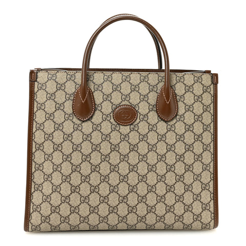 GG Supreme Monogram Azalea Calfskin Small Retro Interlocking G Tote Bag Beige Ebony Brown Sugar