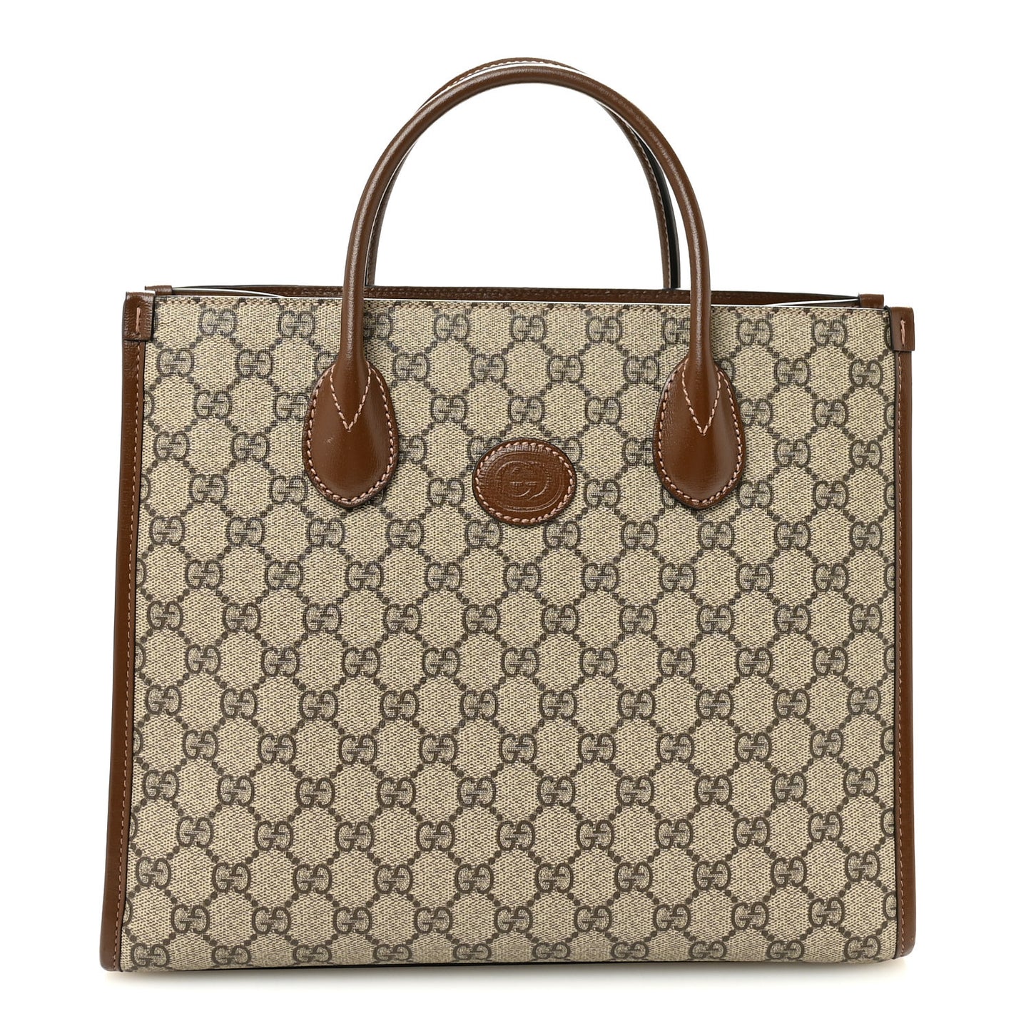 GG Supreme Monogram Azalea Calfskin Small Retro Interlocking G Tote Bag Beige Ebony Brown Sugar