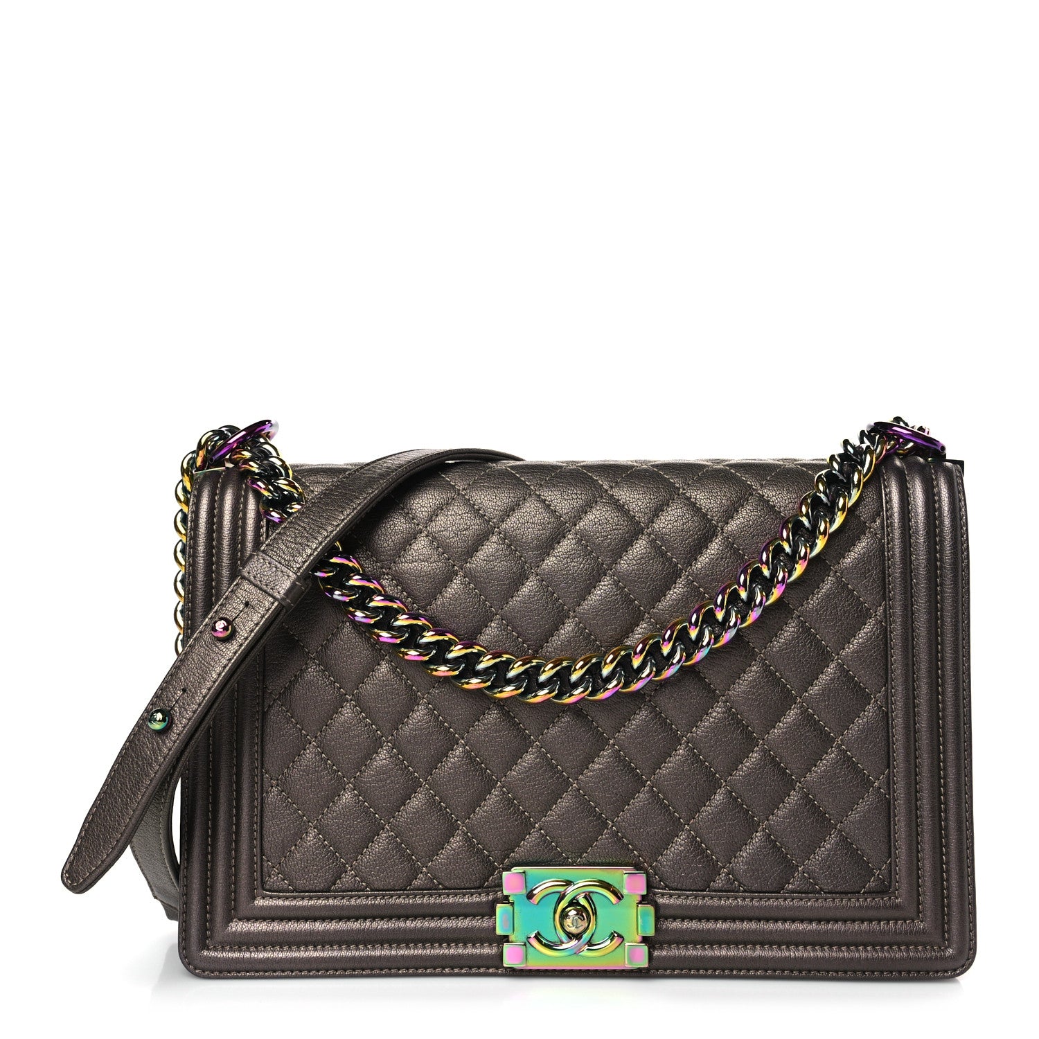 Chanel Iridescent Goatskin Quilted New Medium Boy Flap Dark Gold 1 of 9
