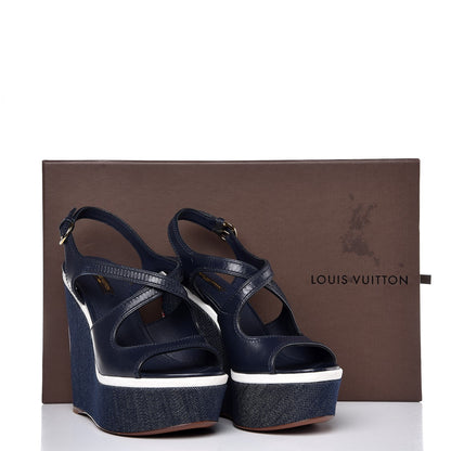 Louis Vuitton Denim Postcard Wedge Sandal 38 Blue 8 of 9