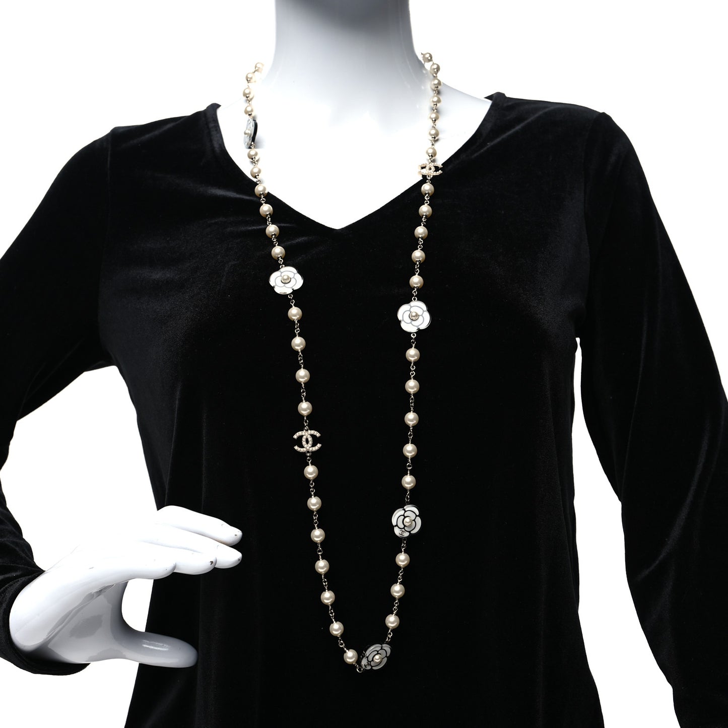 Resin Pearl Camellia CC Long Necklace Gold Pearly White