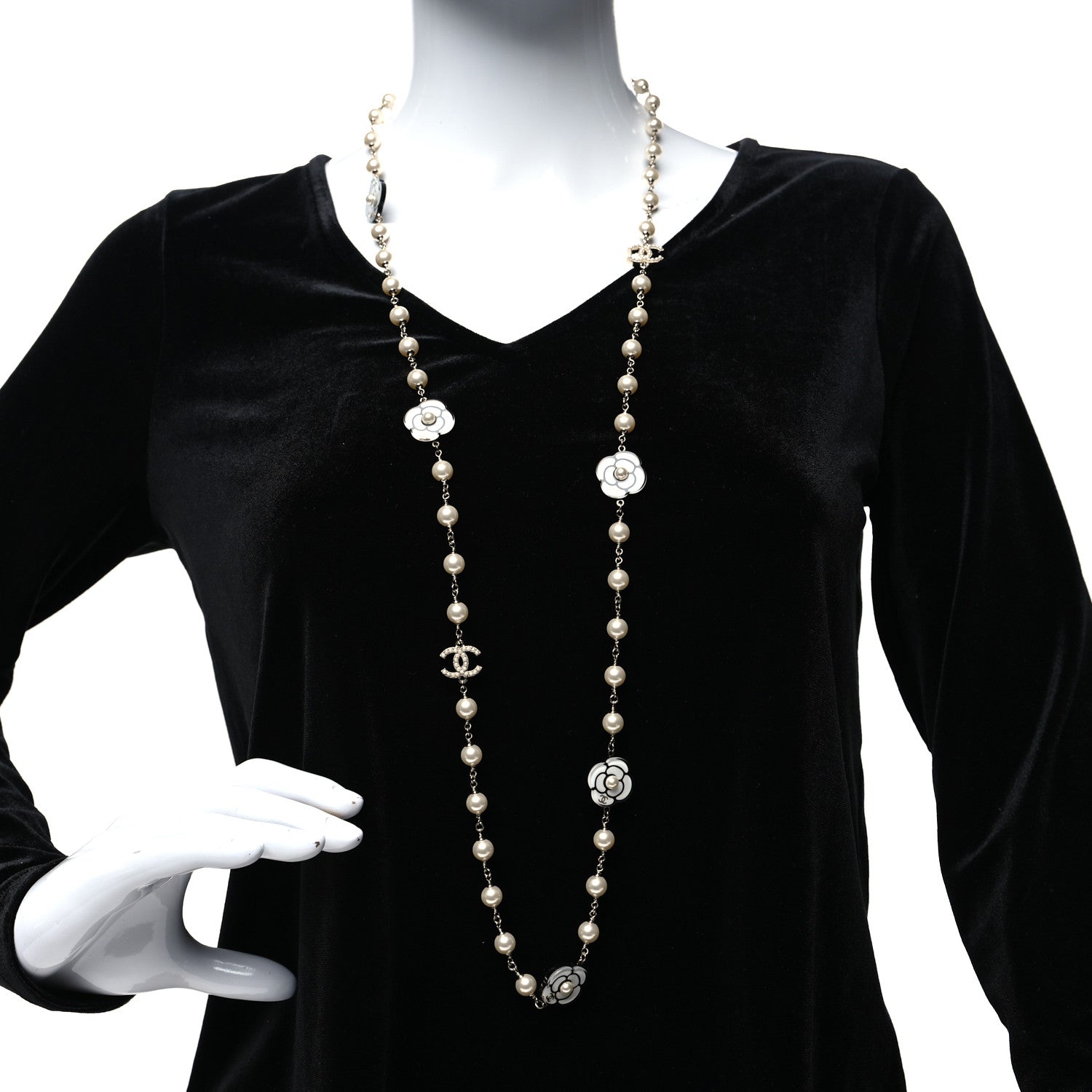 Chanel Resin Pearl Camellia CC Long Necklace Gold Pearly White 2 of 5