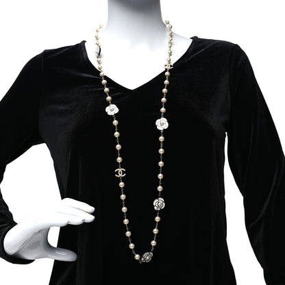 Chanel Resin Pearl Camellia CC Long Necklace Gold Pearly White 2 of 5