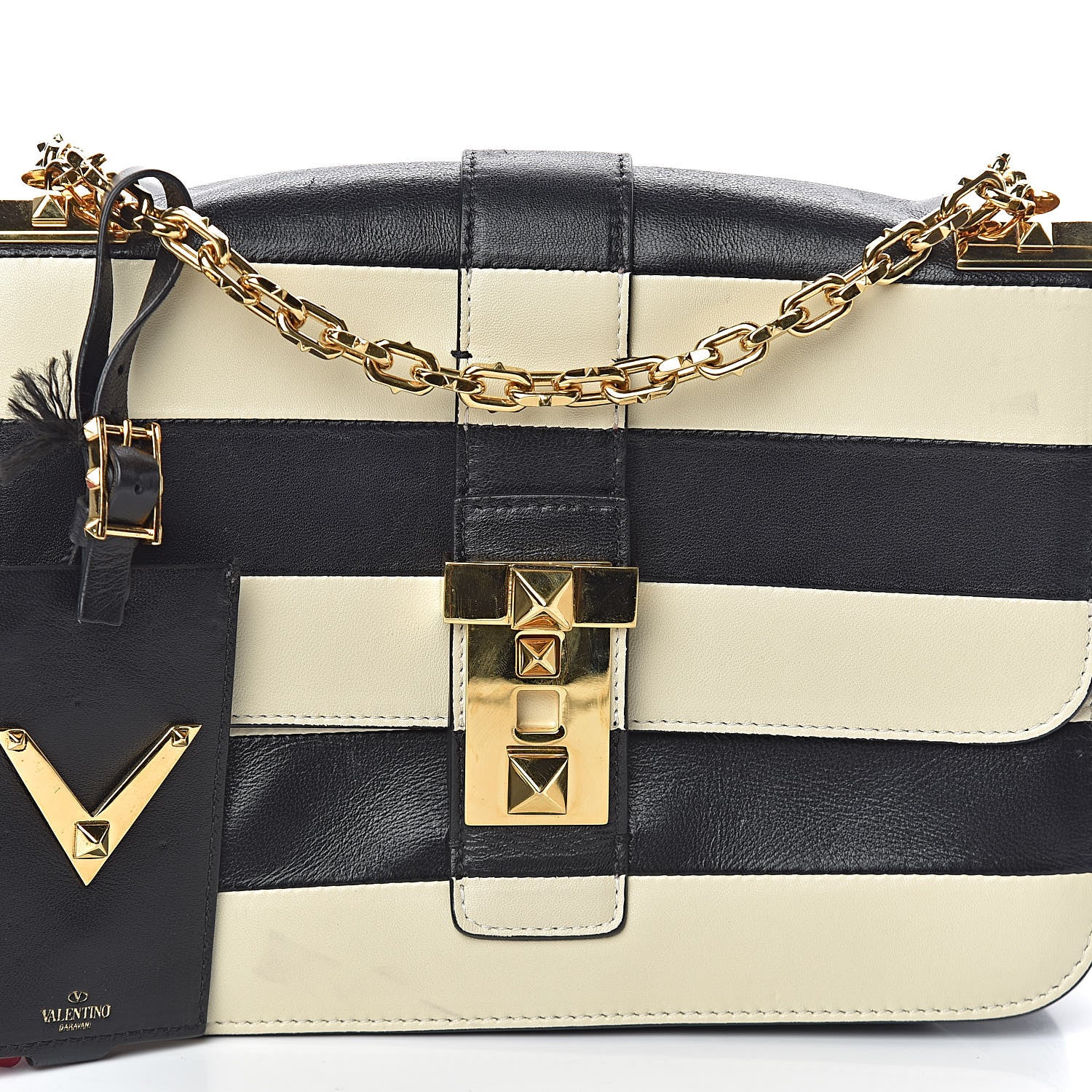 Valentino Garavani Nappa Striped B-Rockstud Flap Black Light Ivory 9 of 9